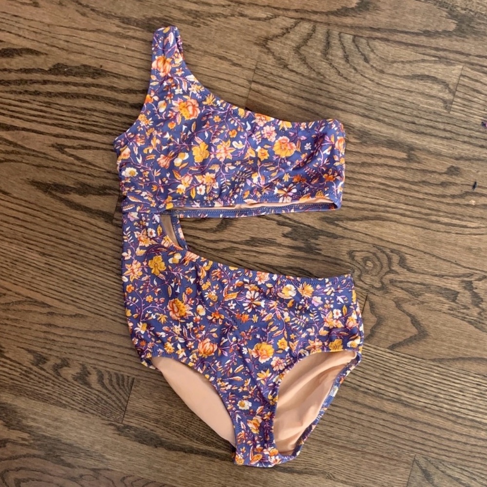 Crewcuts Purple Floral One Shoulder Swimsuit